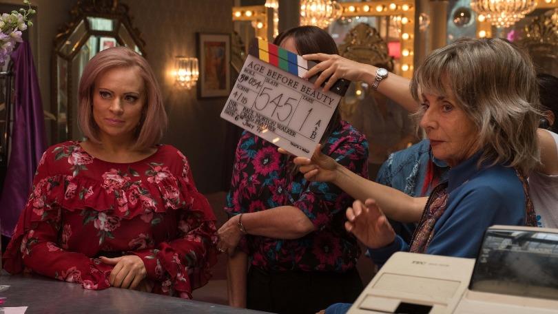 A behind the scenes picture from the set of BBC drama Age Before Beauty starring Sue Johnston and Vicky Myers